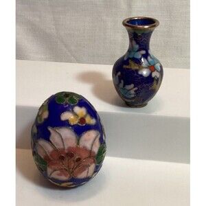 Cloisonné Miniature Vase & Easter Egg Royal Blue Floral Design Gold Relief